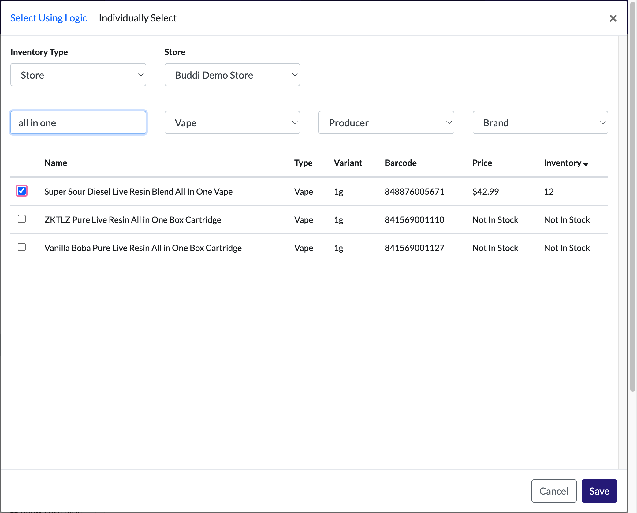 All of the In Stock products should automatically be sorted to the top. Again, check each applicable product ("all in one" and In Stock).