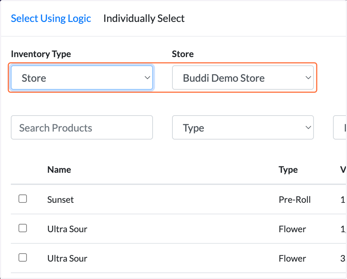 In the Inventory Type dropdown, select either 'Store' or 'Chain' to filter products by a specific location or across all locations.