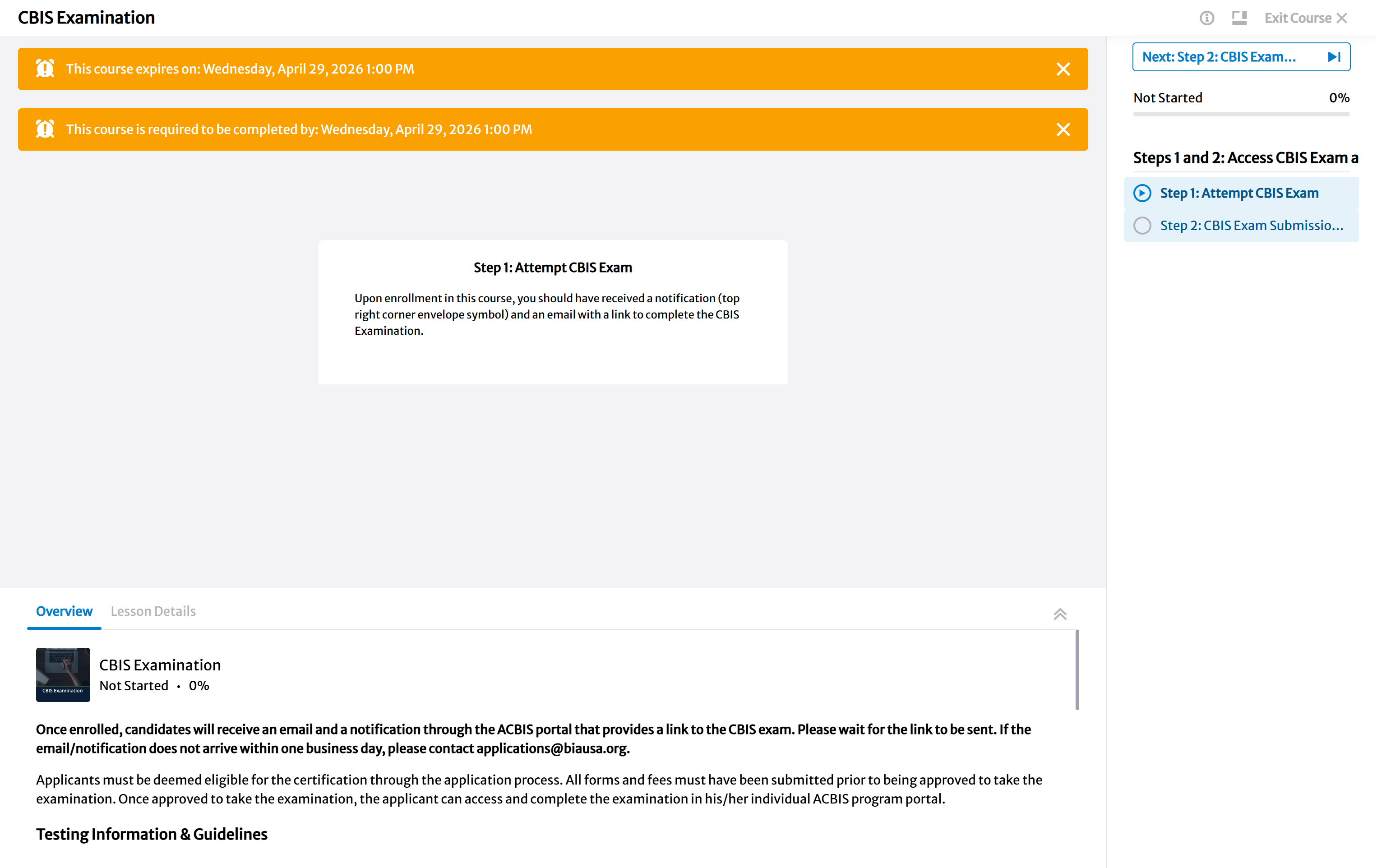 Click on Step 2: CBIS Exam Submission Confirmation