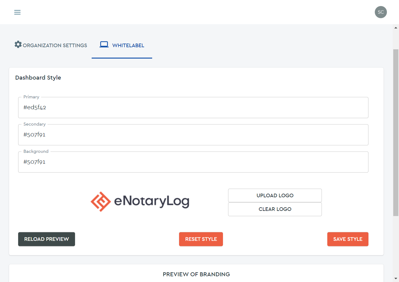 White Label Organization Settings Page