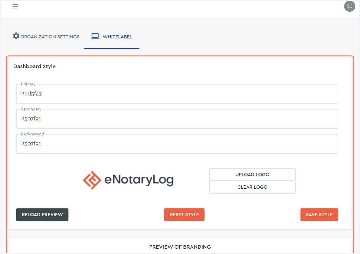 White Label Organization Settings Page