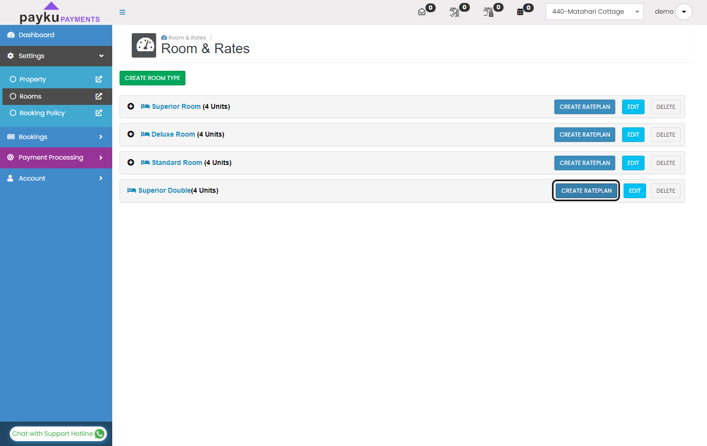 After you are finish set up your room, then you need to create rate plan. Click the "Create Rateplan" button.