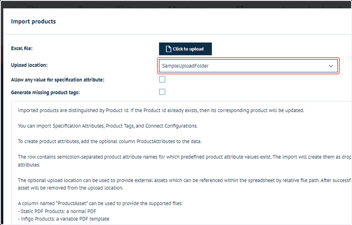 Select the relevant Upload Folder containing your upload assets