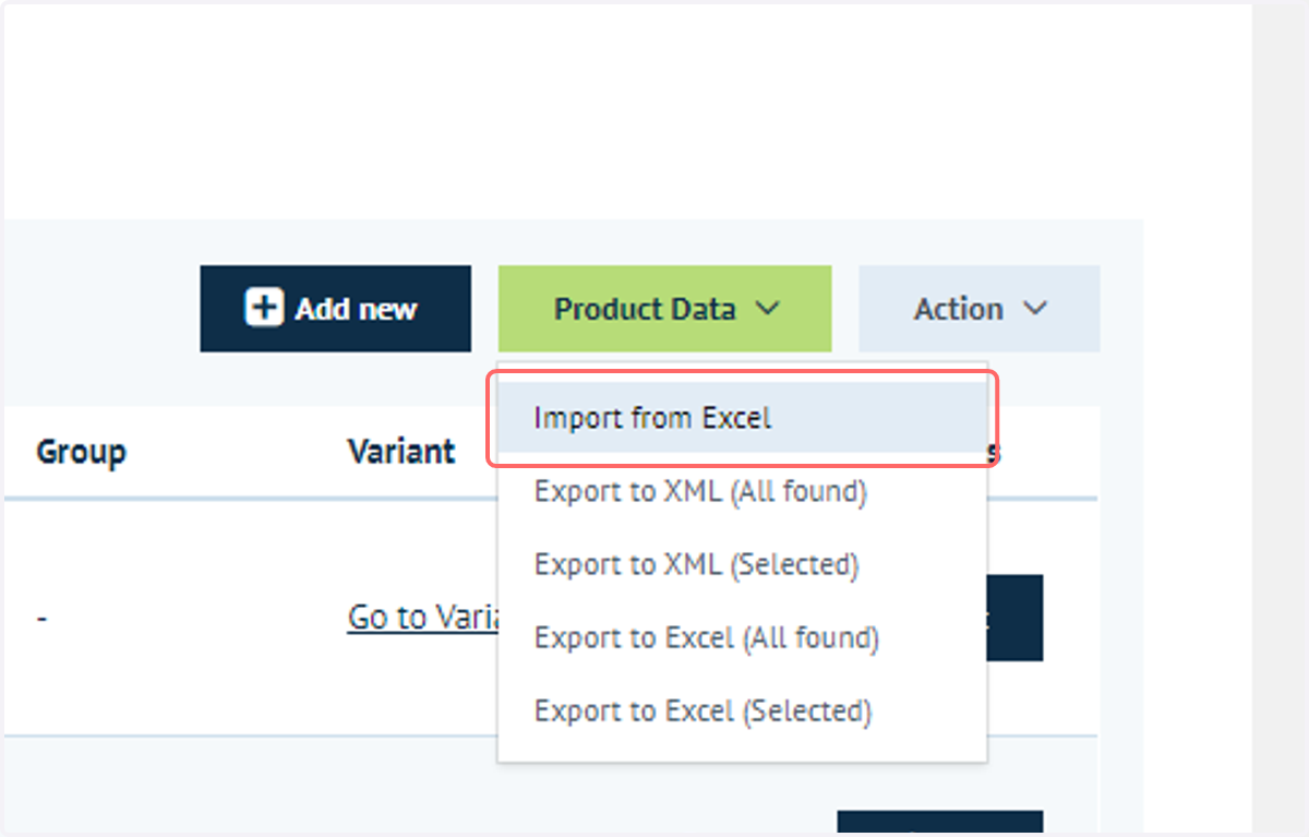 To upload the batch data sheet, navigate to the Product Management area and click on Import from Excel