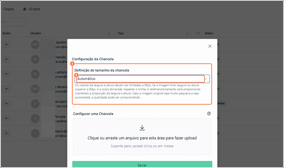 A. O primeiro campo de configuração serve para selecionar o método de definição do tamanho da chancela B. Por padrão, o modo Automático é selecionado