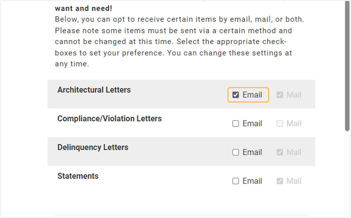 Select which type of official HOA notices you would like to receive via email
