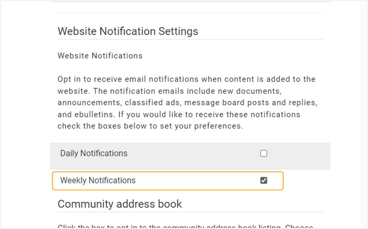 Select a frequency for website notifications