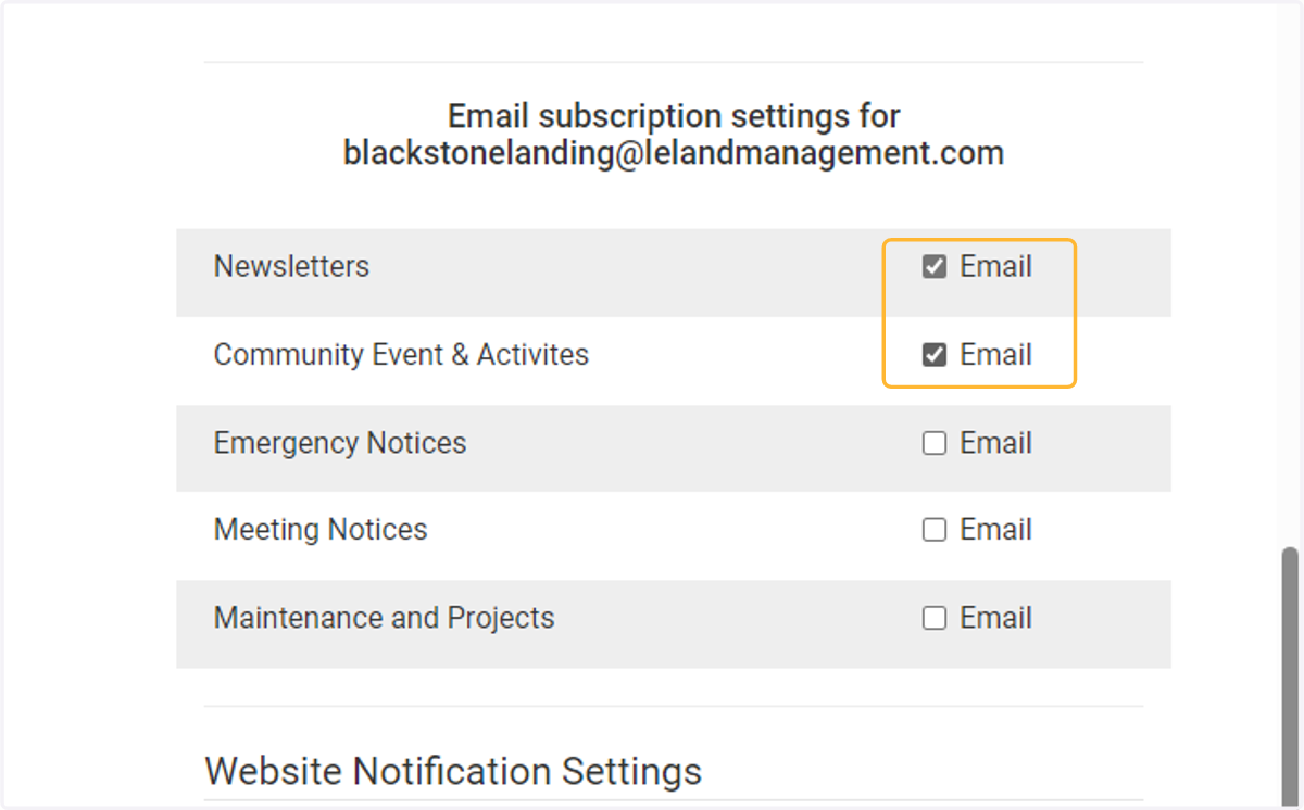 Select which type of HOA emails you would like to receive