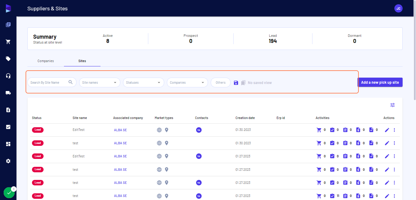 You can use the filter/sort option to search for suppliers