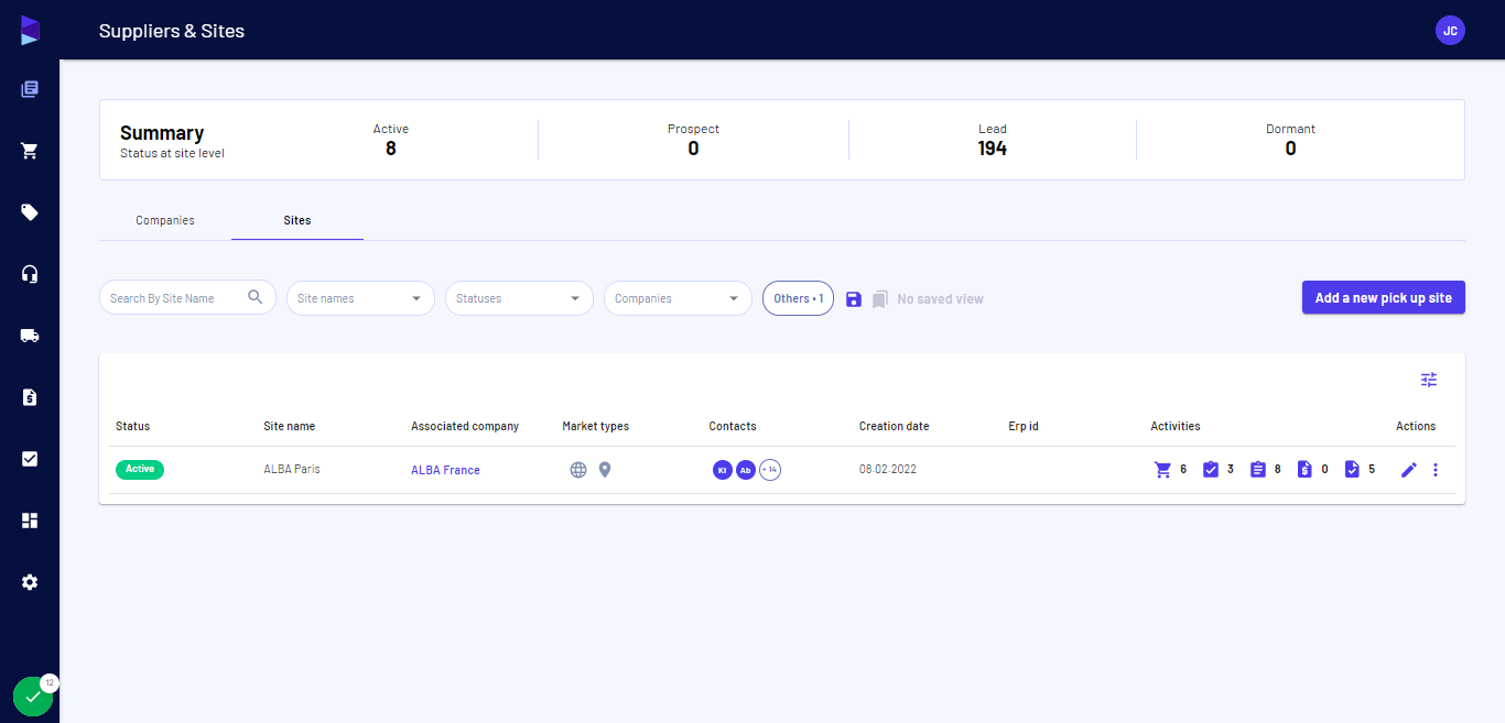 Here you can view suppliers based on applied filters