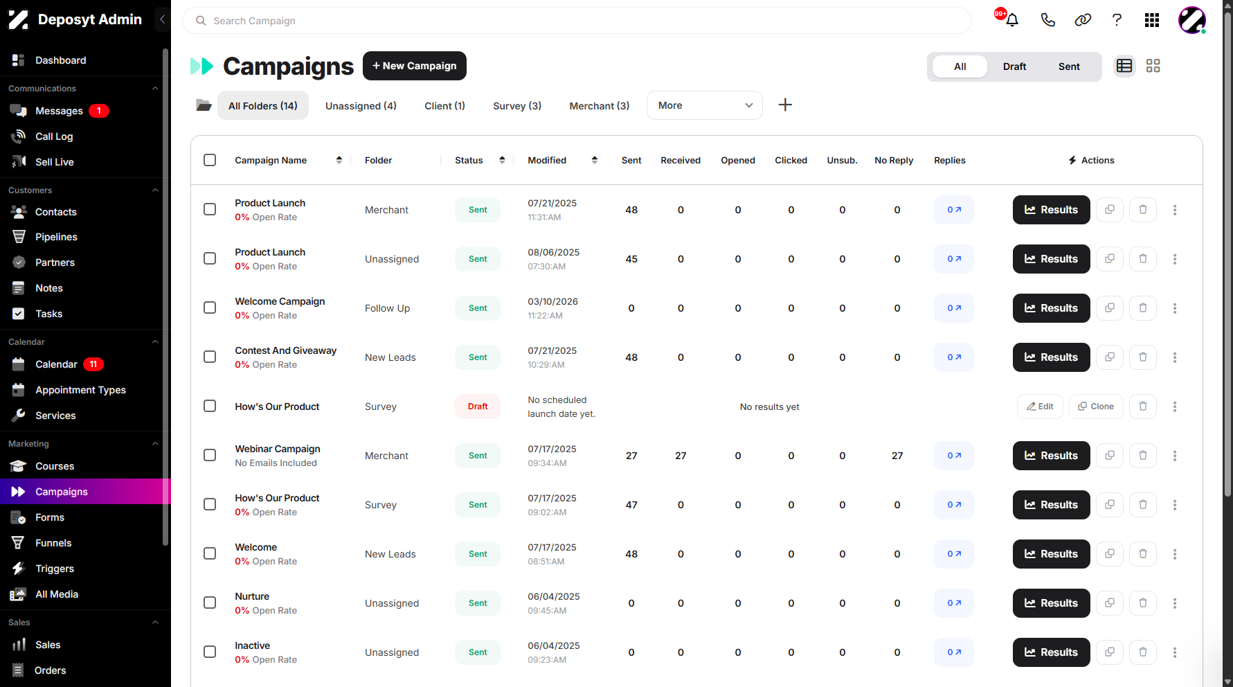 Step 1: On your Dashboard, navigate to the Campaigns tab under the Marketing section.