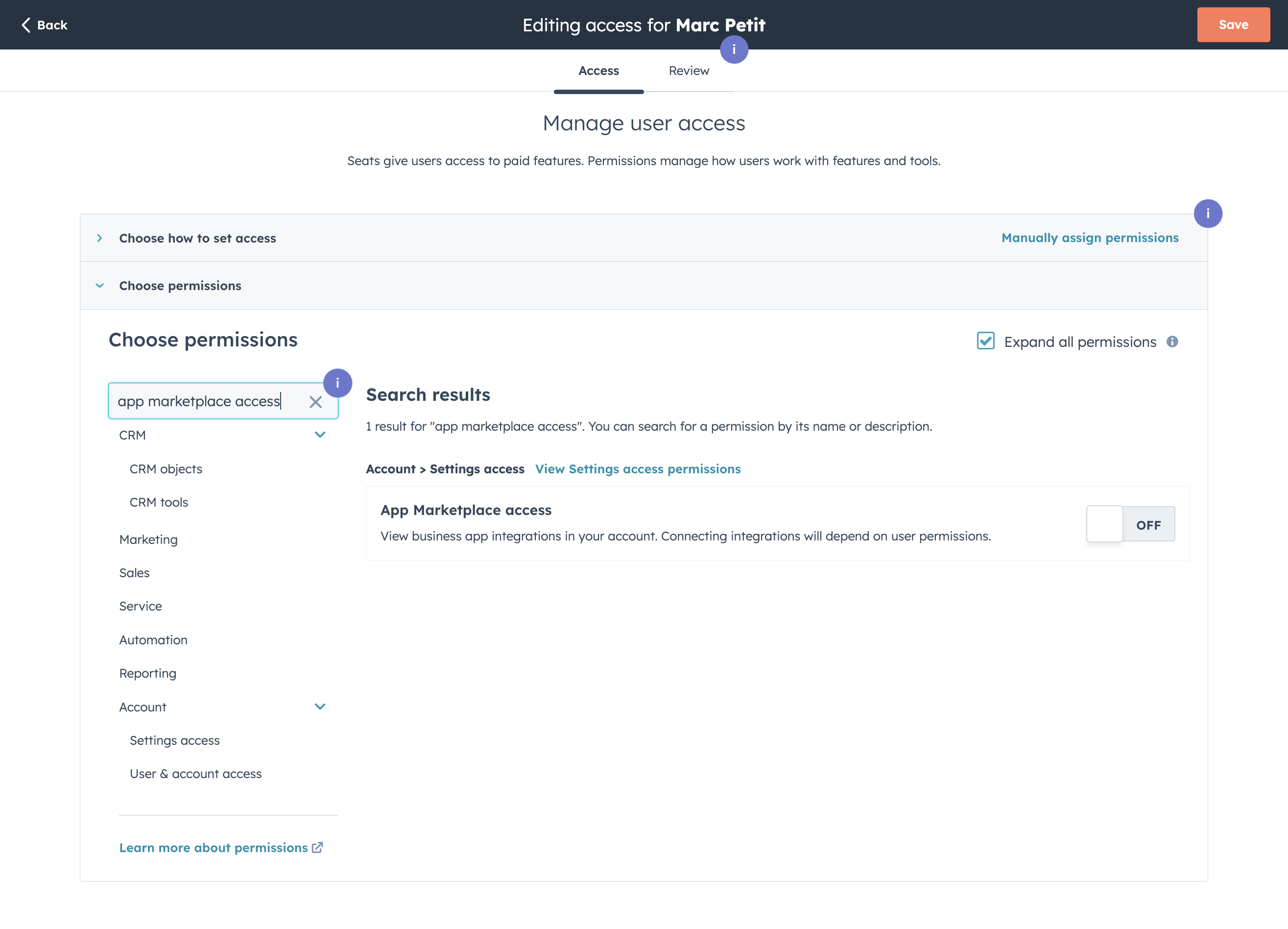 Type "app marketplace access"