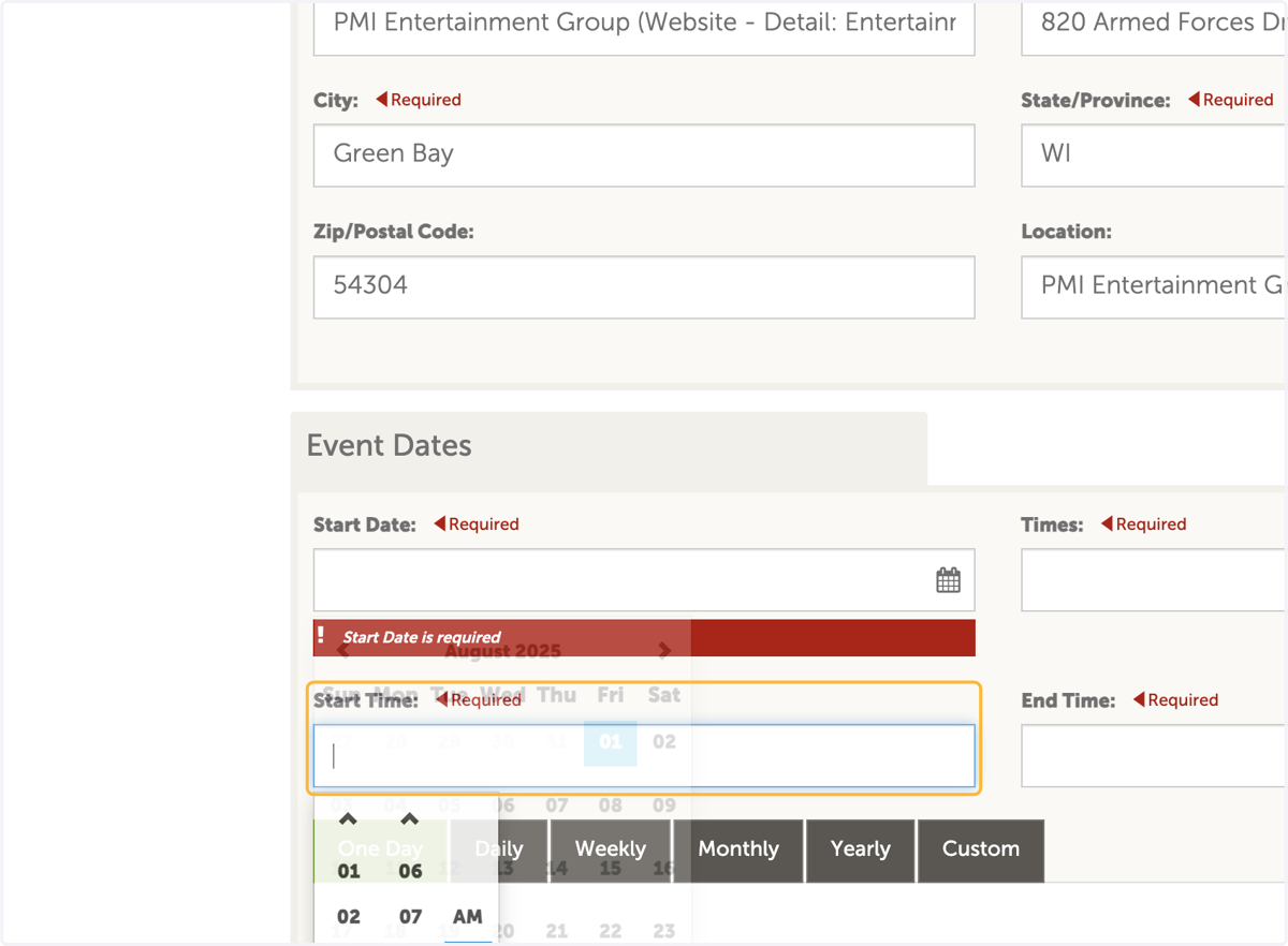 Select event end date