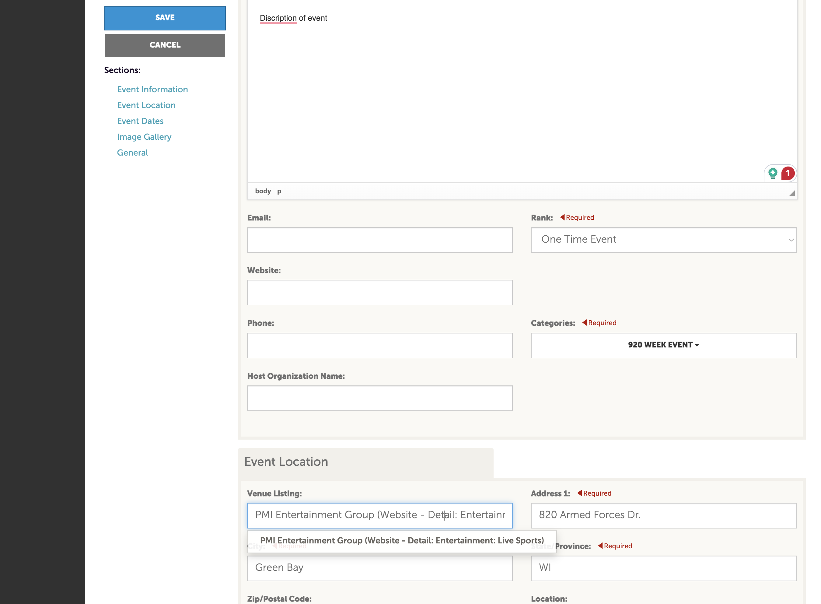 Select the listing you'd like the event associated with