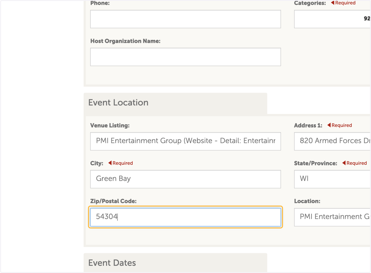 Enter event zip