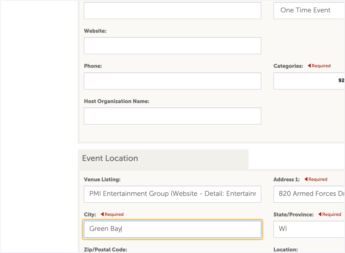 Enter event city