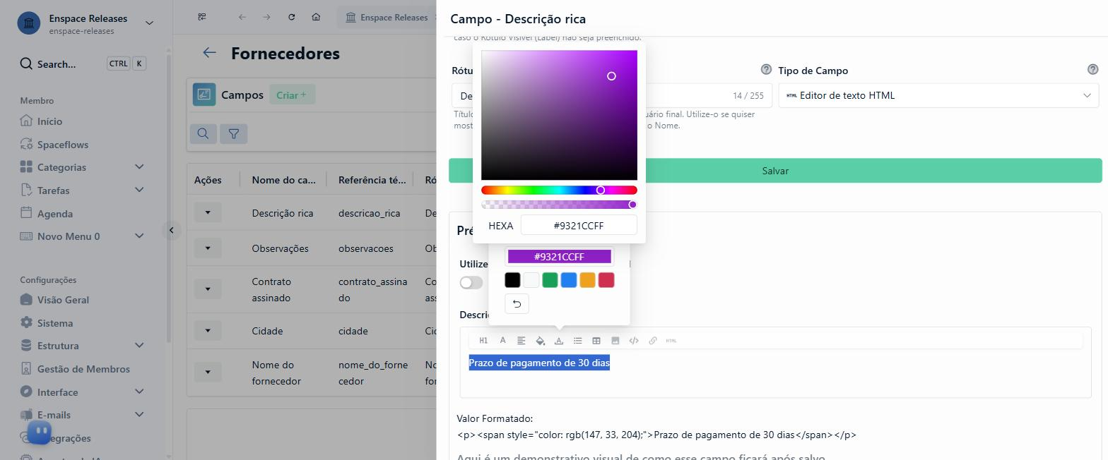 Clique no quadro para fechar a escolha. O campo HEXA preenche sozinho com o código da cor, então você não precisa digitá-lo