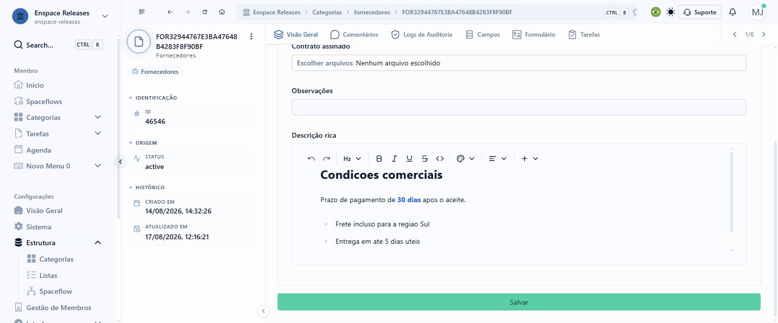 Na tela do item, Cor do Texto e Cor de Destaque trazem sete cores cada, mais Padrão. Para qualquer outra cor, o controle completo fica na configuração do campo. Abra Configurações no menu lateral esquerdo
