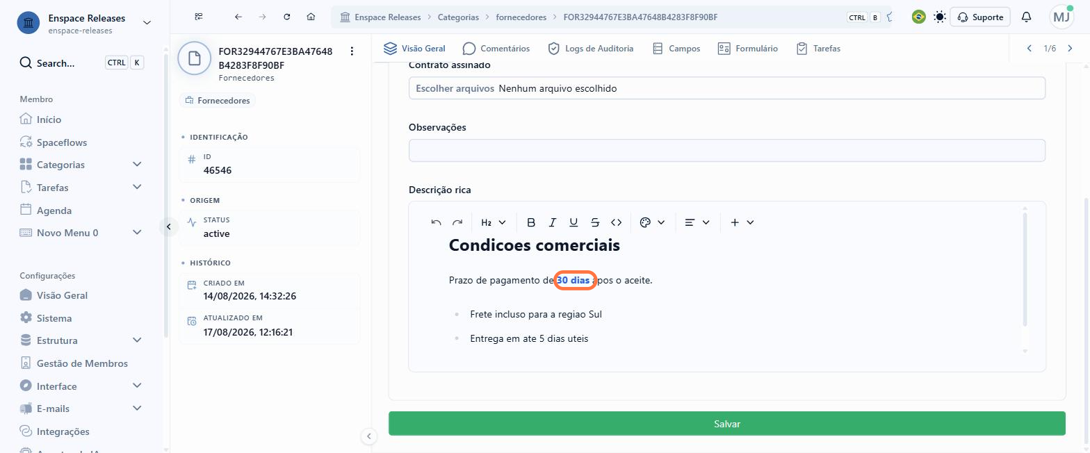 O trecho fica azul na hora. Salve o item: o aviso confirma a gravação e a data em ATUALIZADO EM muda na coluna da esquerda