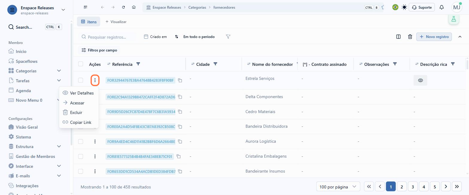 Para acessar o item, expanda o menu de ações e clique em Acessar