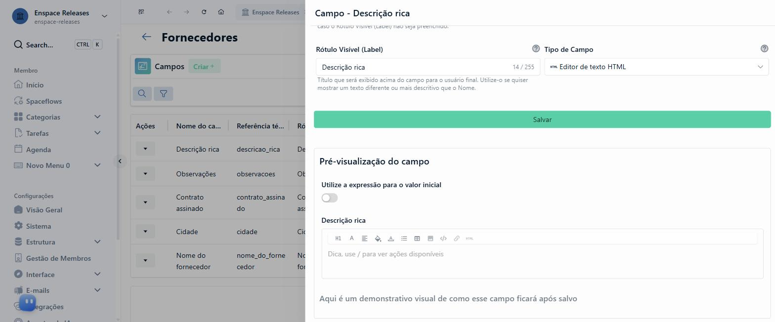 A tela de edição do campo traz a Pré-visualização do campo, que é um editor de verdade: dá para testar a formatação sem salvar nada. Repare que a barra aqui é mais completa que a da tela do item