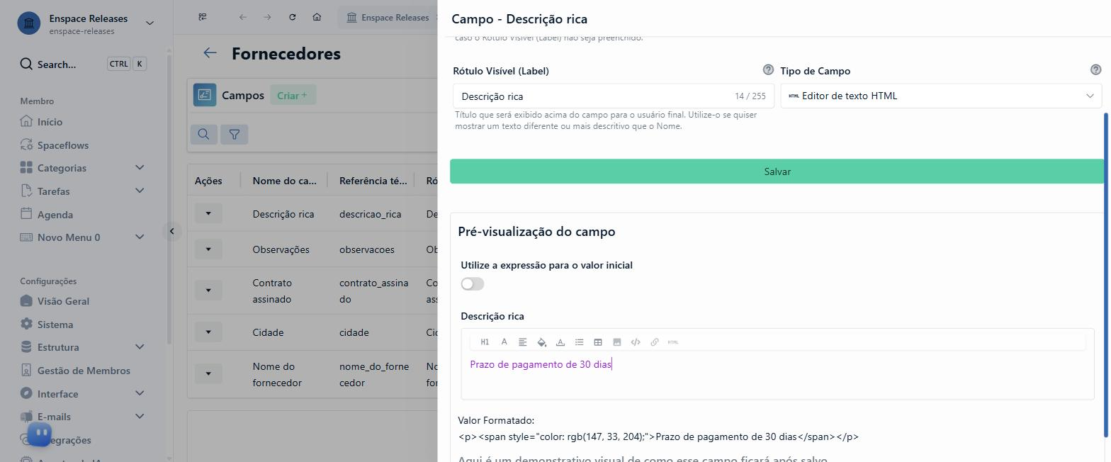 A linha Valor Formatado mostra o HTML gerado, com a cor aplicada como estilo do trecho. É a confirmação de que a cor entrou no conteúdo, e não só na tela