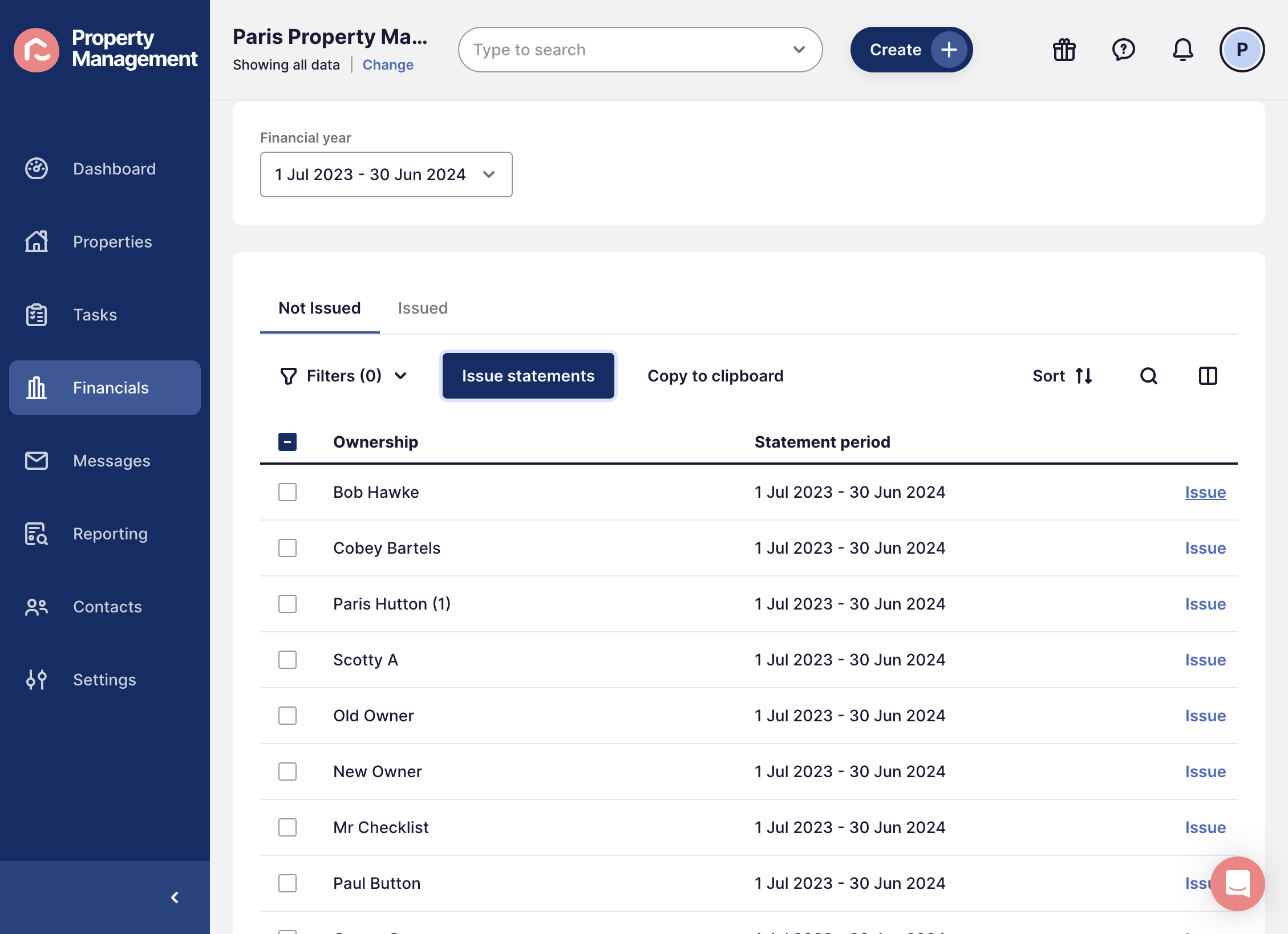 To send Statements individually, press issue next to the owner you wish to send it to 