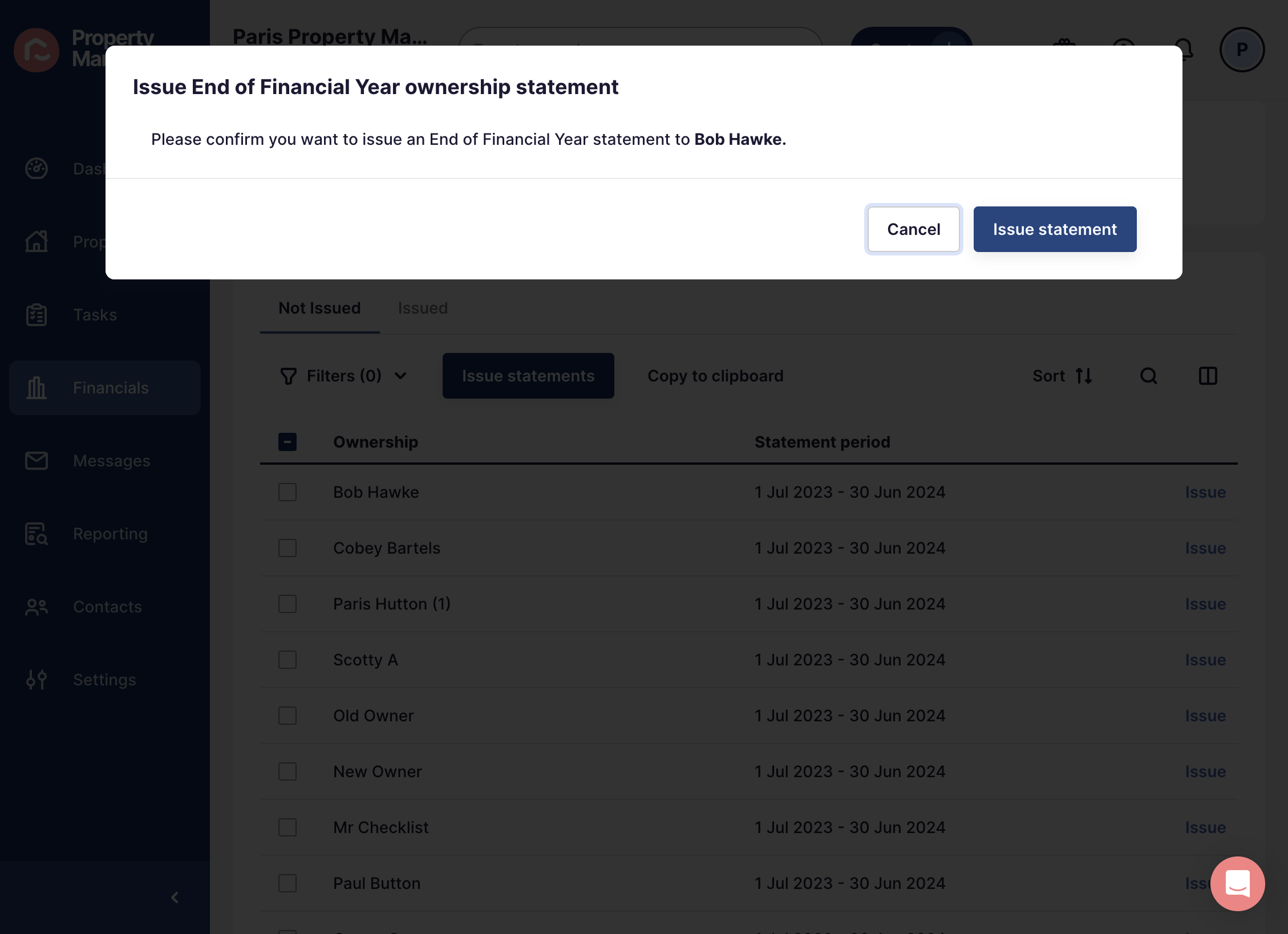 Click on Issue statement to send