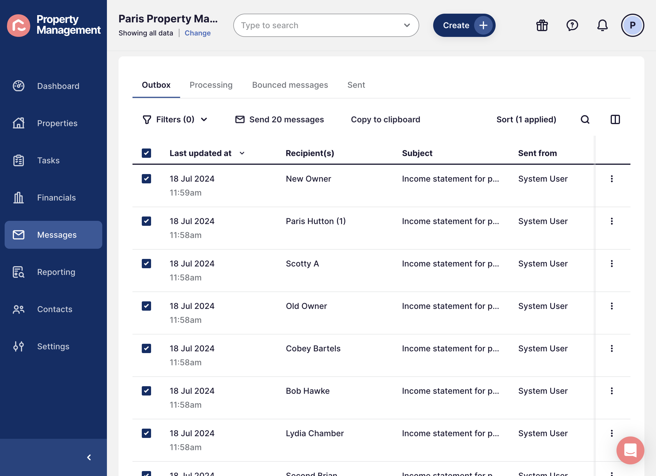 The emails will now be in your Outbox ready to be sent, select all records using the top tick box