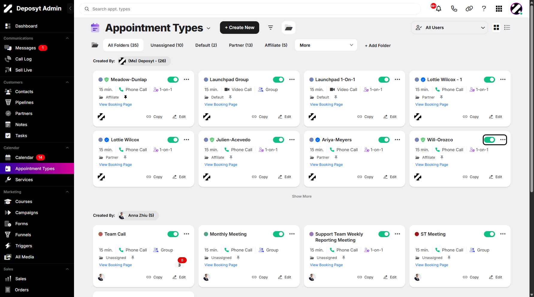 Step 3: An activation toggle switch is available, along with a three-dot menu containing View Page, Copy URL, Embed Code, Share, and Duplicate options.