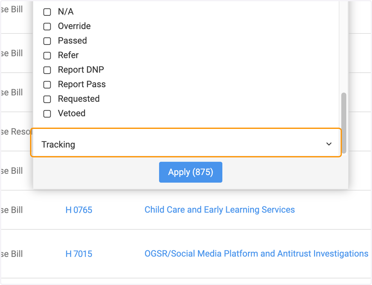For example, click on 'Tracking' to access the Tracking options