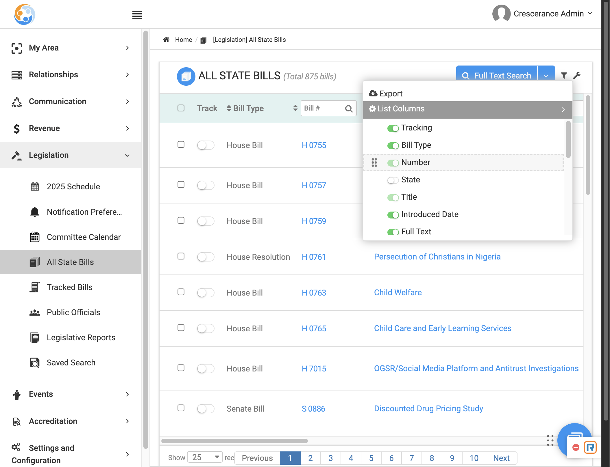 Toggle columns on/off to custom configure which columns display on this page