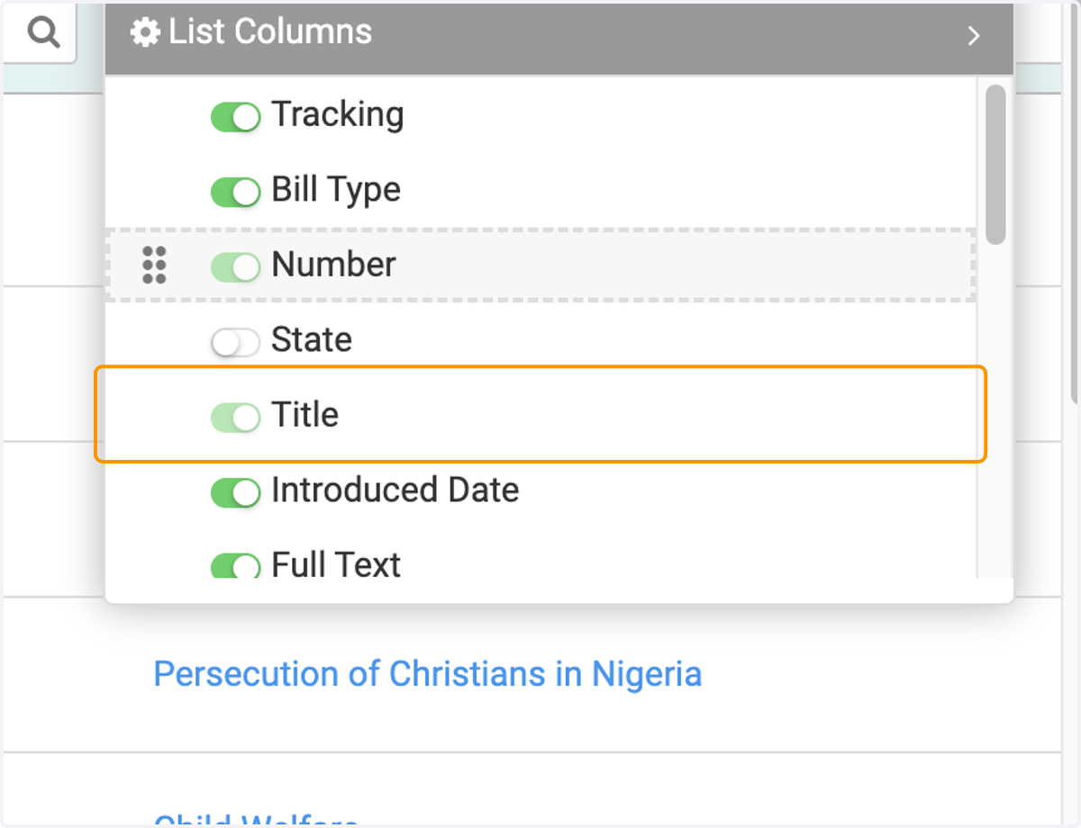 Toggle columns on/off to custom configure which columns display on this page