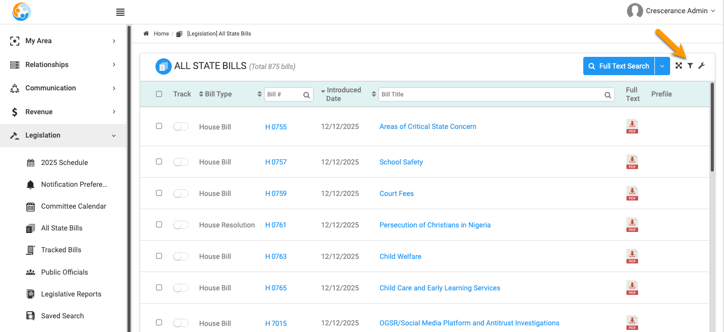 That's it! Enjoy search all bills to find the ones you care about. Tip: remember that filters stay in place until you change or reset them. Click the filter menu (funnel icon) to update filters or reset all filters.