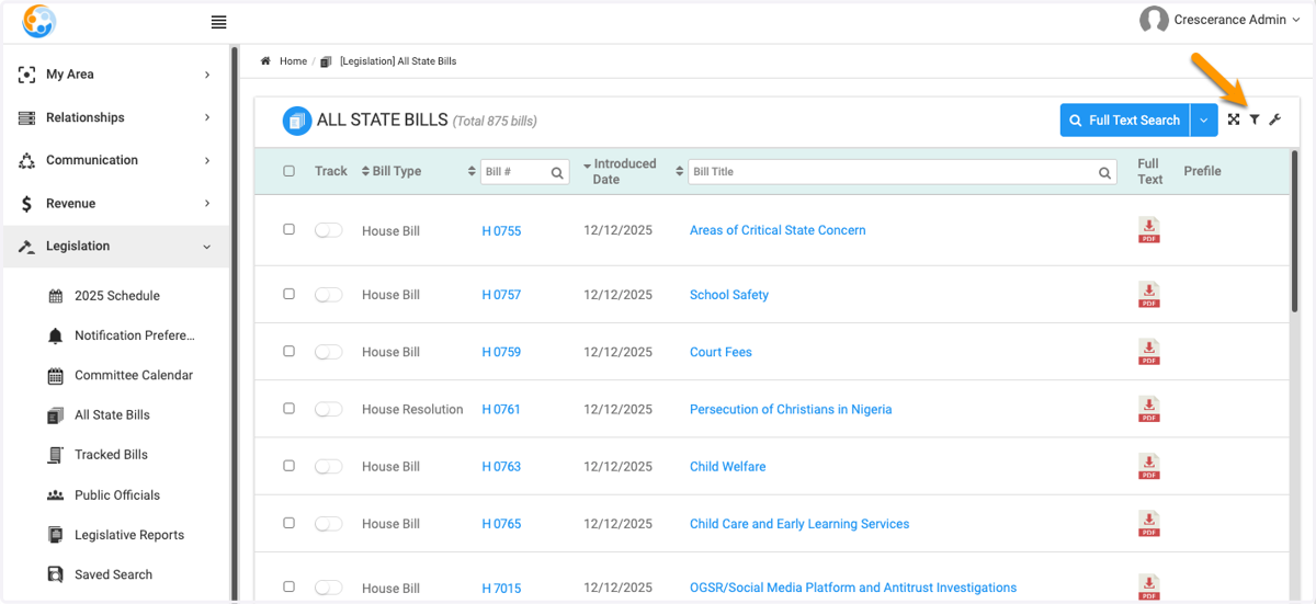 That's it! Enjoy search all bills to find the ones you care about. Tip: remember that filters stay in place until you change or reset them. Click the filter menu (funnel icon) to update filters or reset all filters.