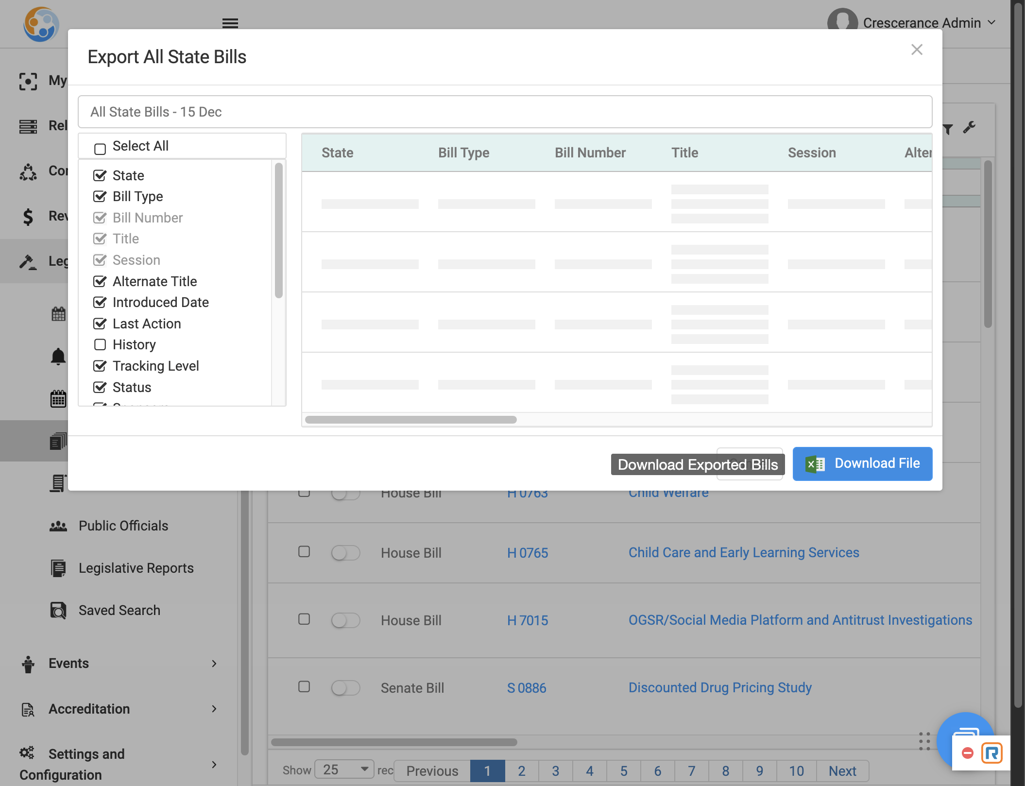 If exporting, select the boxes for the fields you want to include in your export, then click on "Download File".