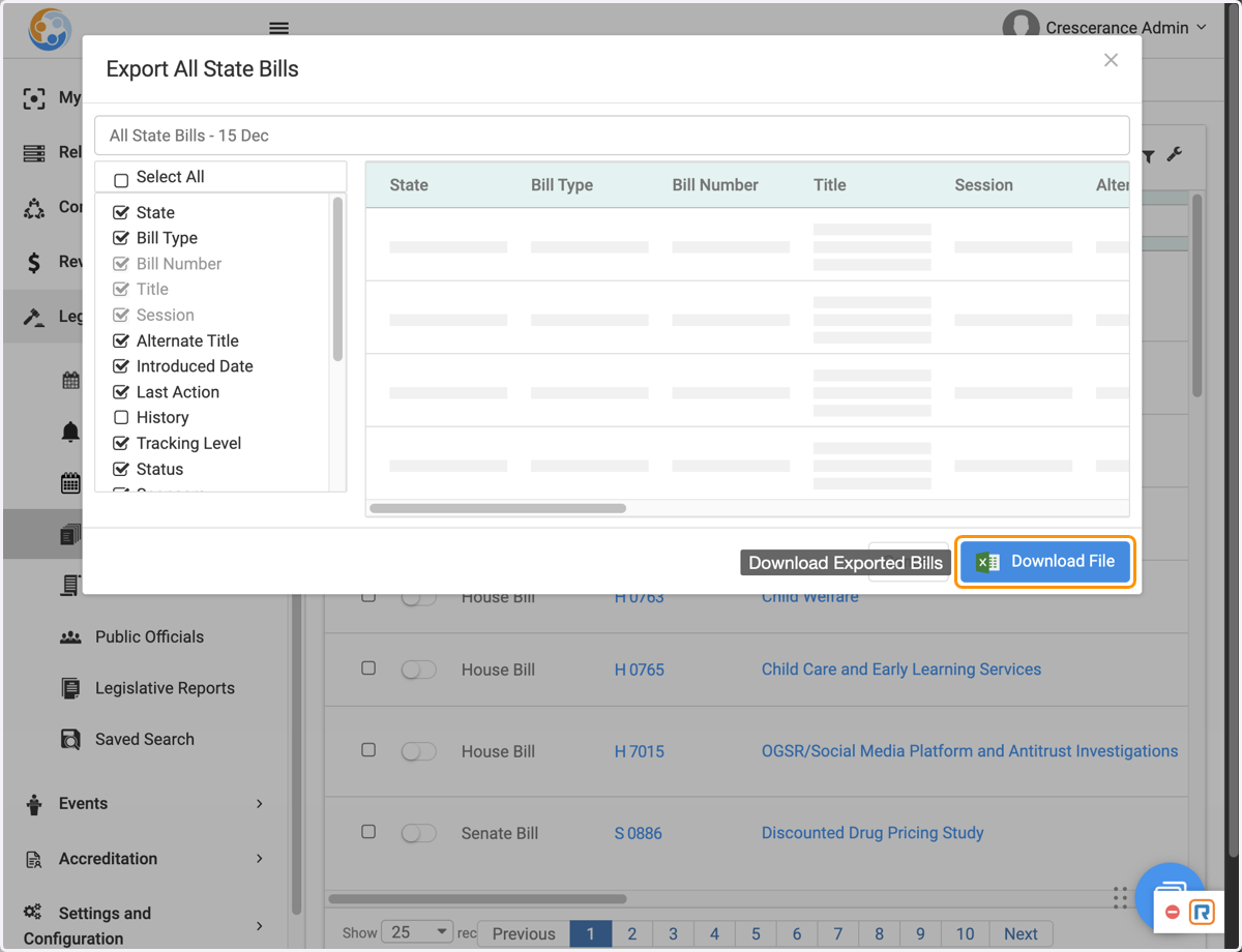 If exporting, select the boxes for the fields you want to include in your export, then click on "Download File".