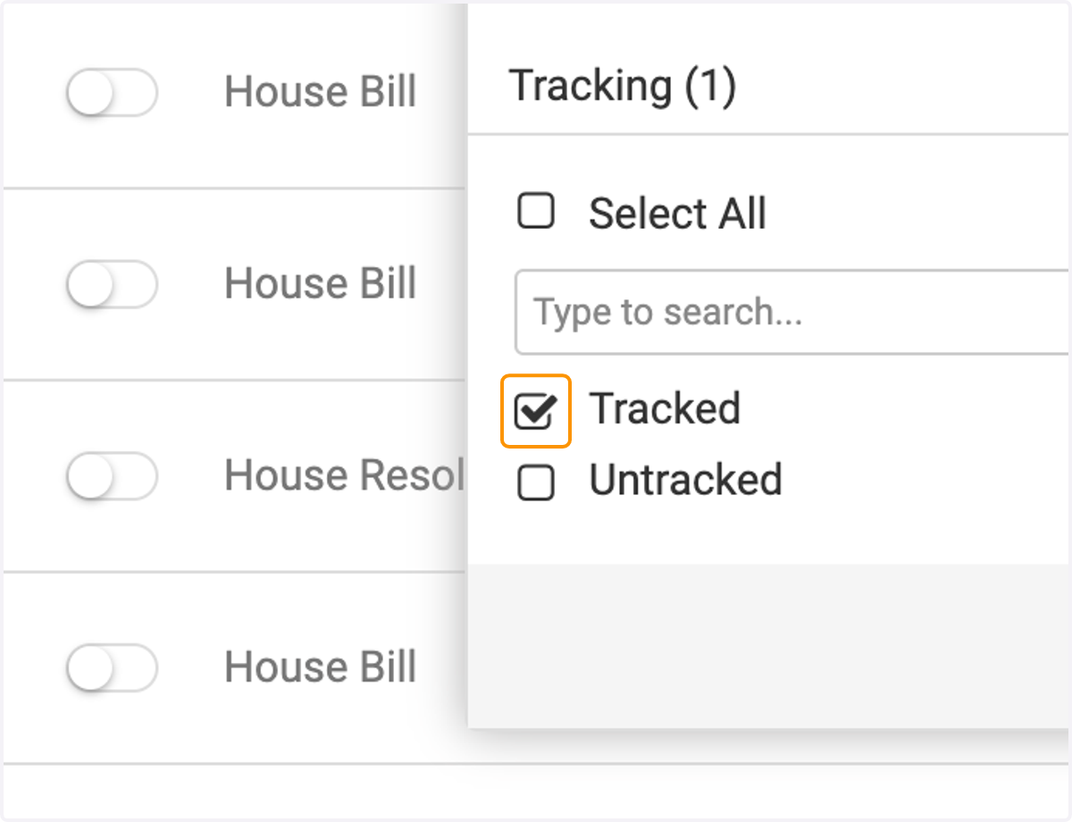 In this filter example, checking "Tracked" will filter in only tracked bills and exclude untracked bils