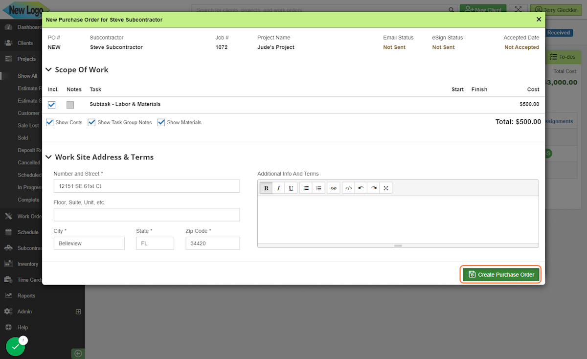 Click on Create Purchase Order