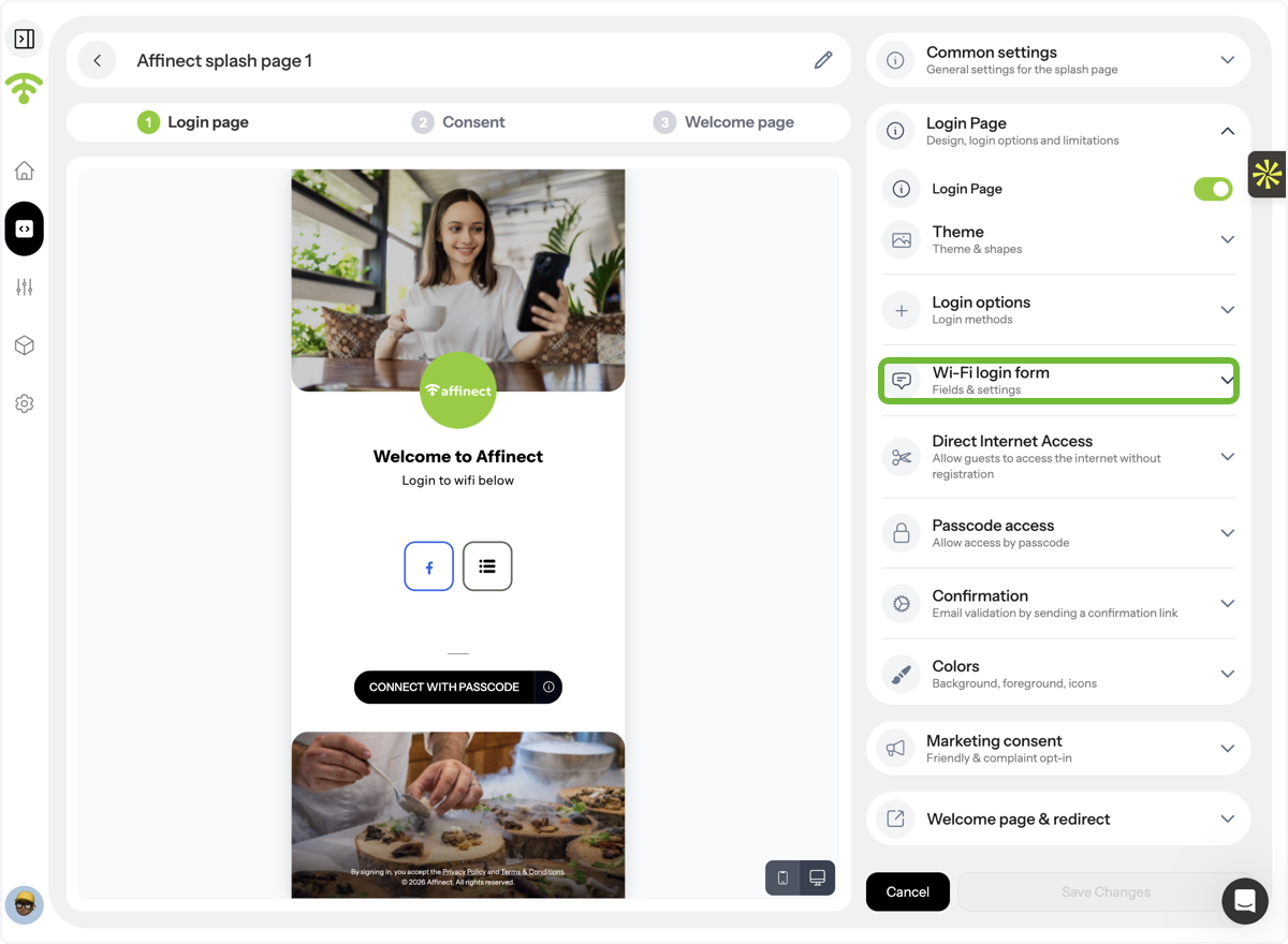 Open Wi-Fi Login Form Settings