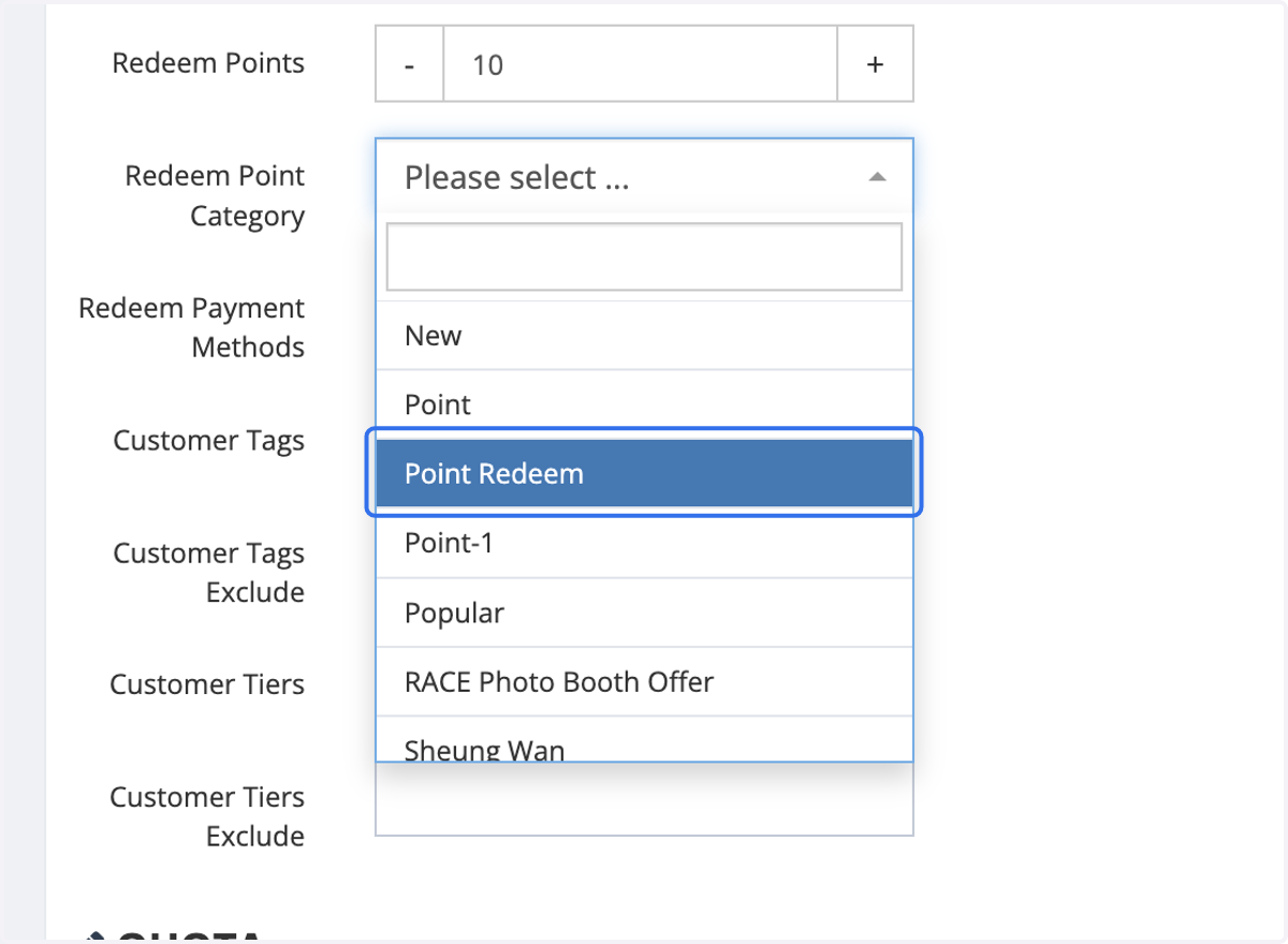 Select Redeem Points Category. In this case, we will choose Points Redeem