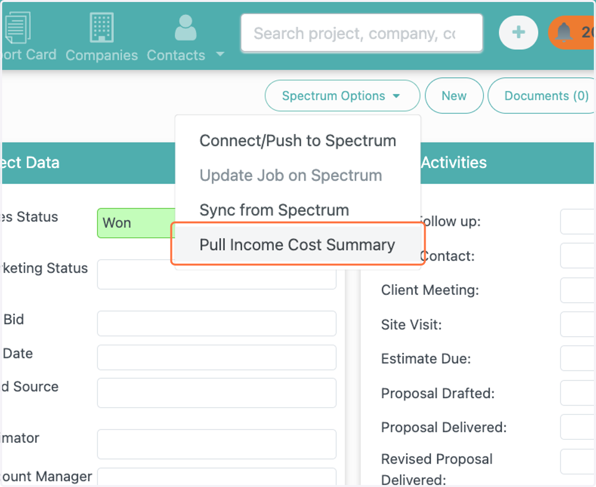 Click on Pull Income Cost Summary