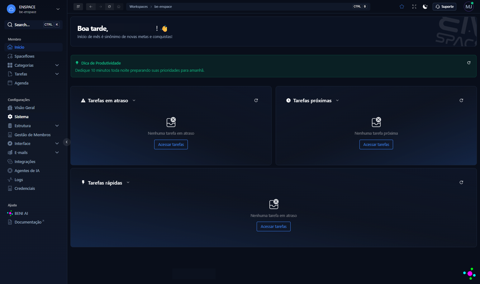 Clique em Sistema, no menu lateral esquerdo do seu workspace