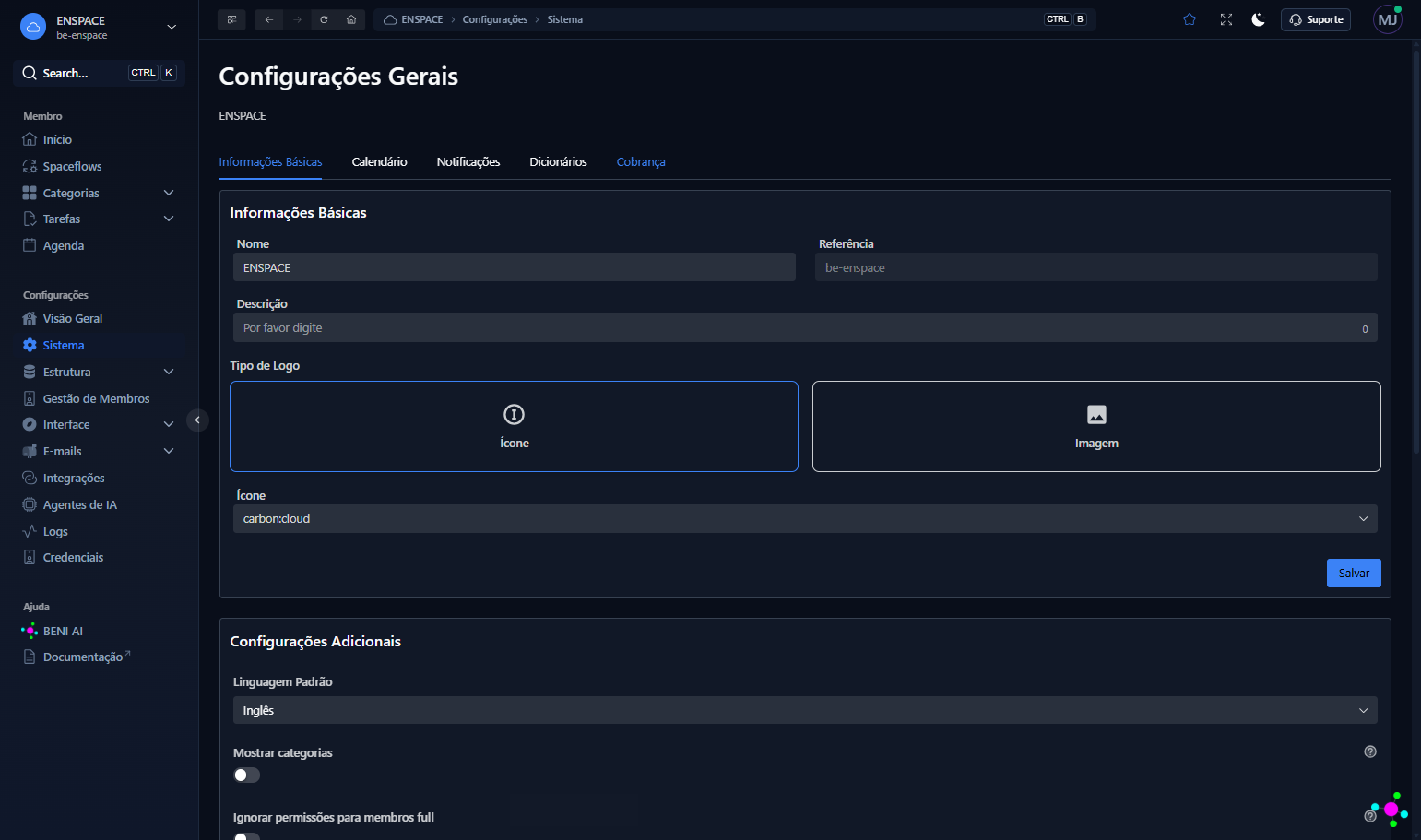 Na tela de Configurações Gerais, que se abrirá automaticamente, clique na aba Cobrança