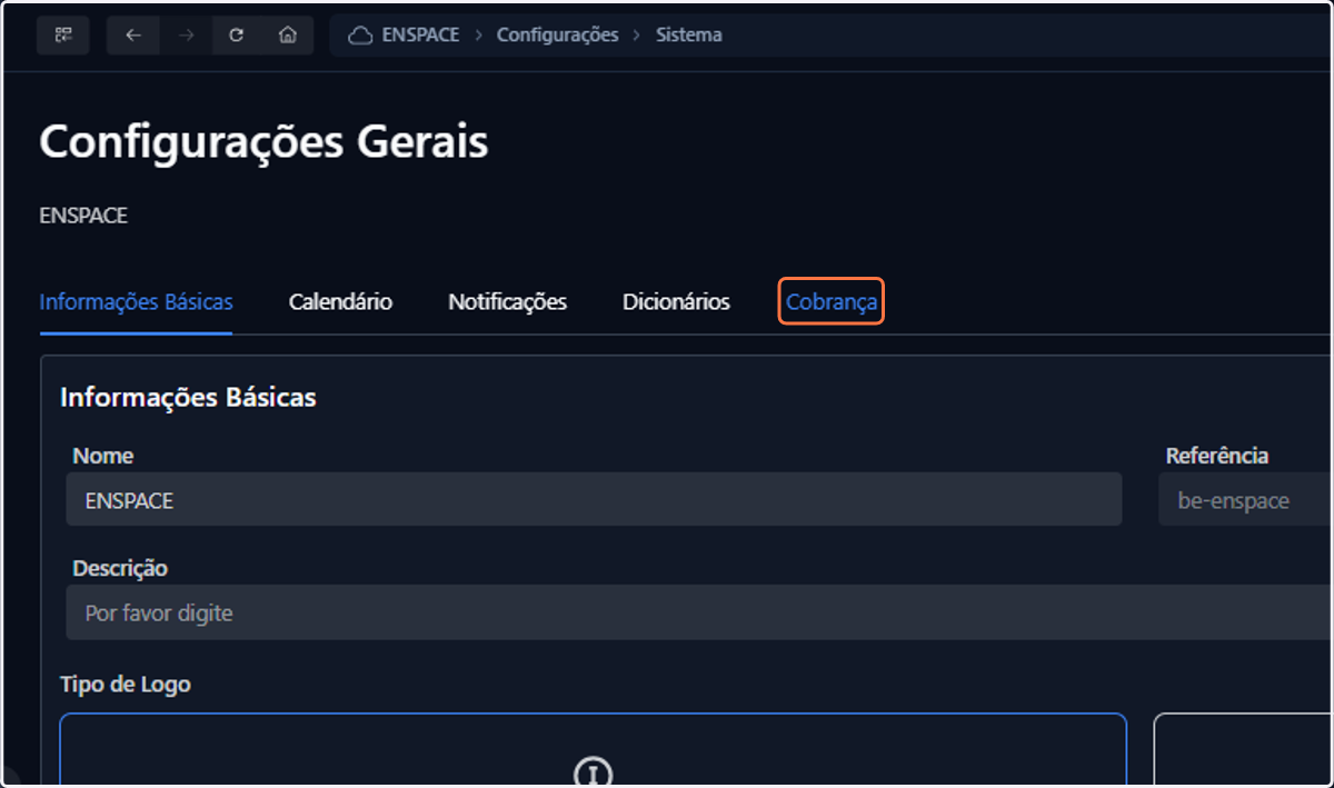 Na tela de Configurações Gerais, que se abrirá automaticamente, clique na aba Cobrança