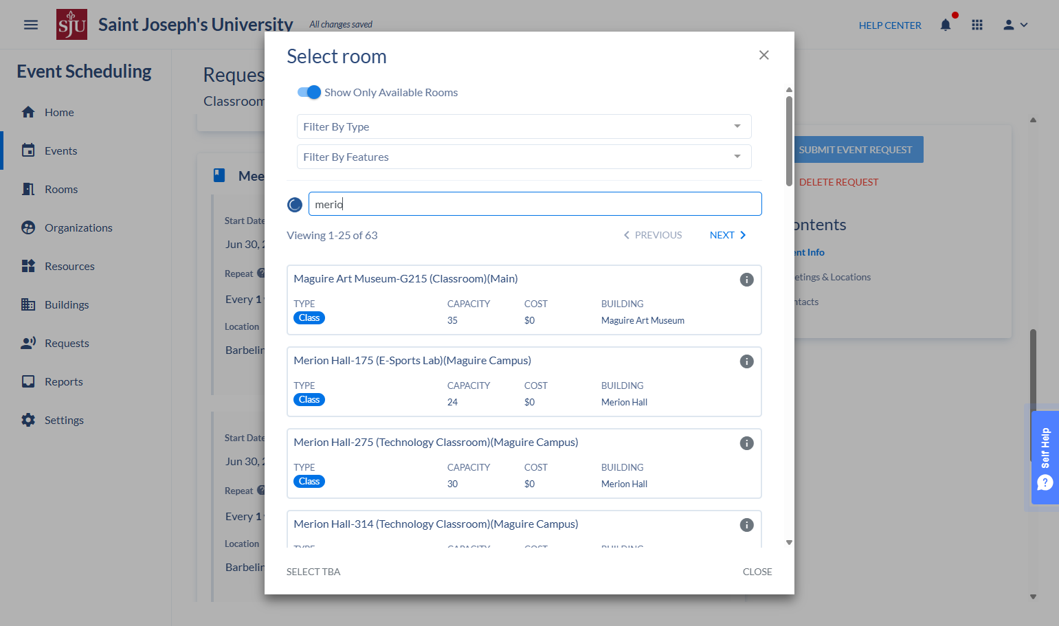 Search and click on the room you wish to select.