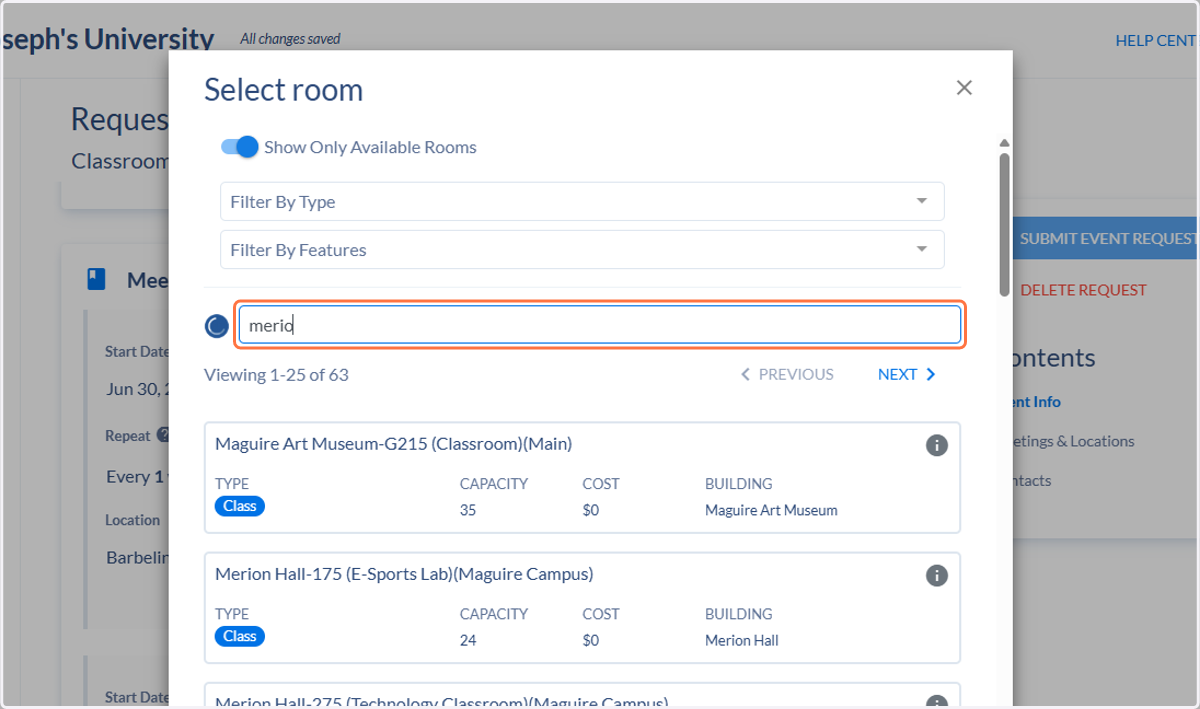 Search and click on the room you wish to select.
