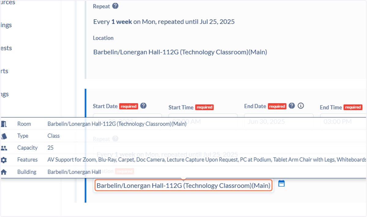 On the duplicated Meeting, click on the room assignment to change it.