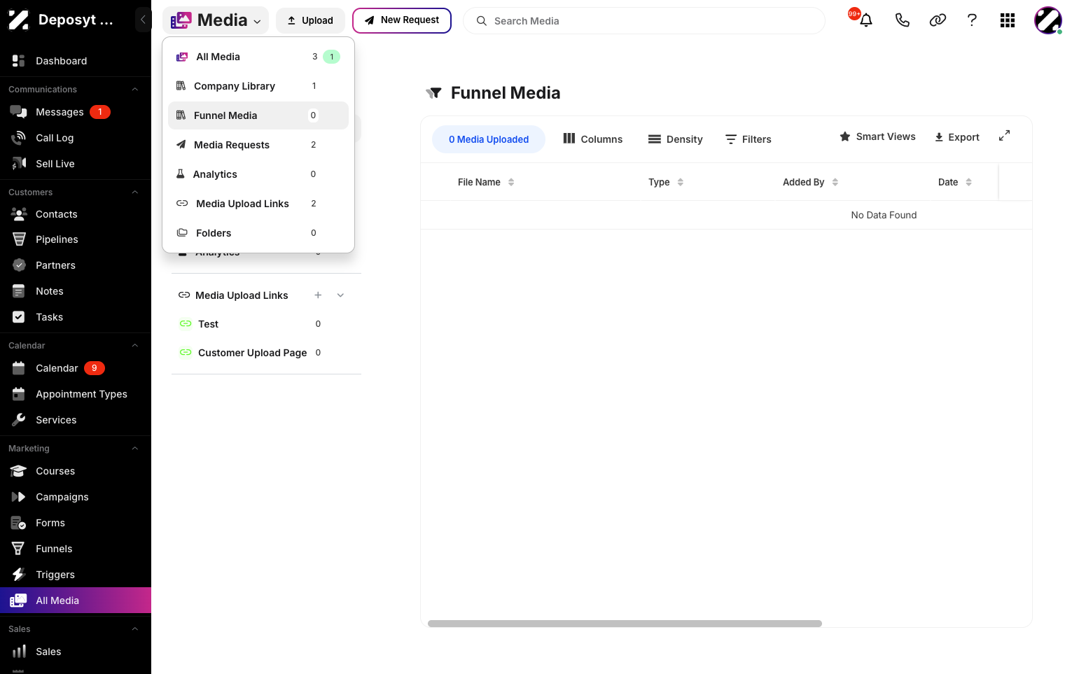 Step 4: You can also click the title to open the dropdown menu, then select Funnel Media to access the section.