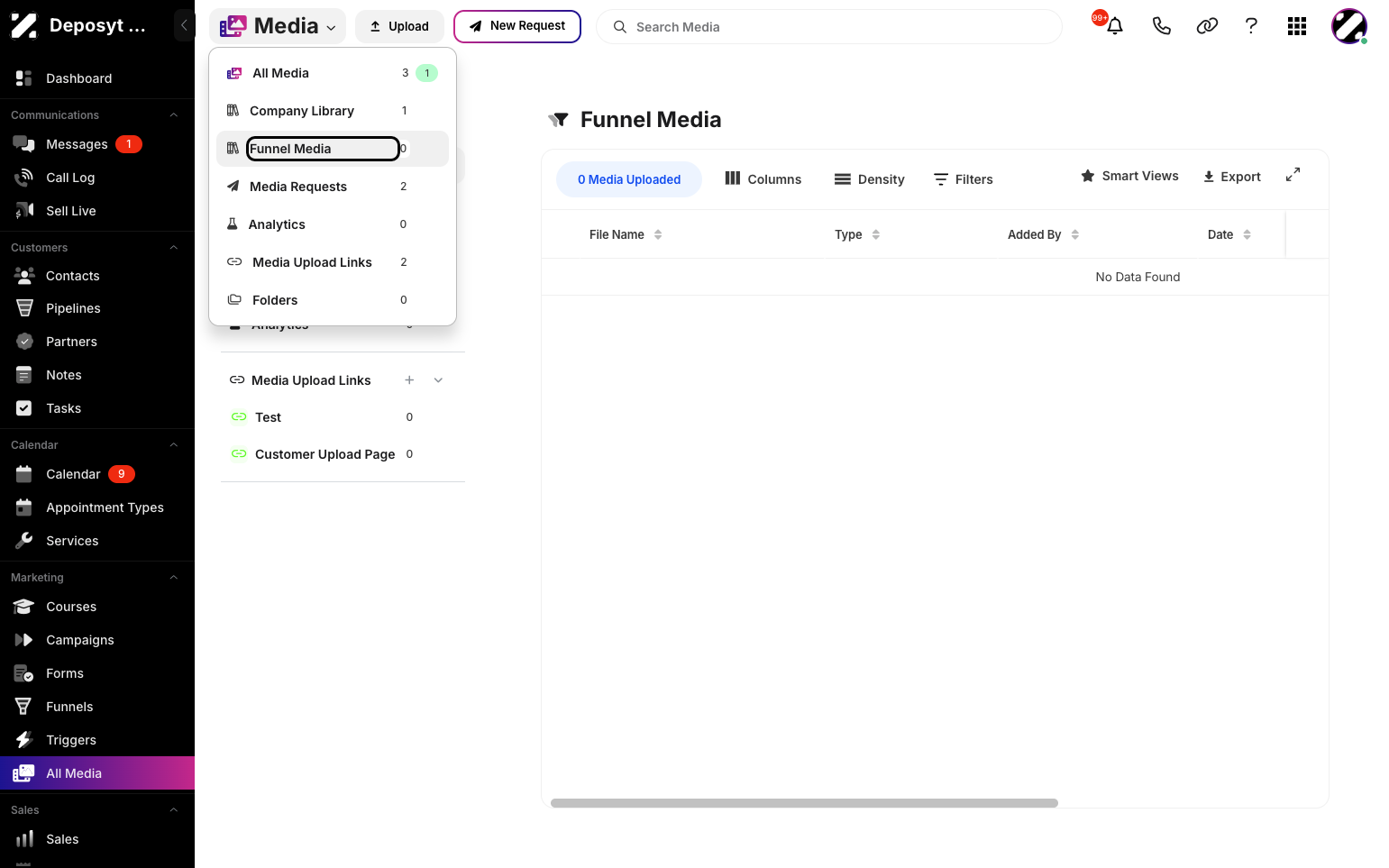 Step 4: You can also click the title to open the dropdown menu, then select Funnel Media to access the section.